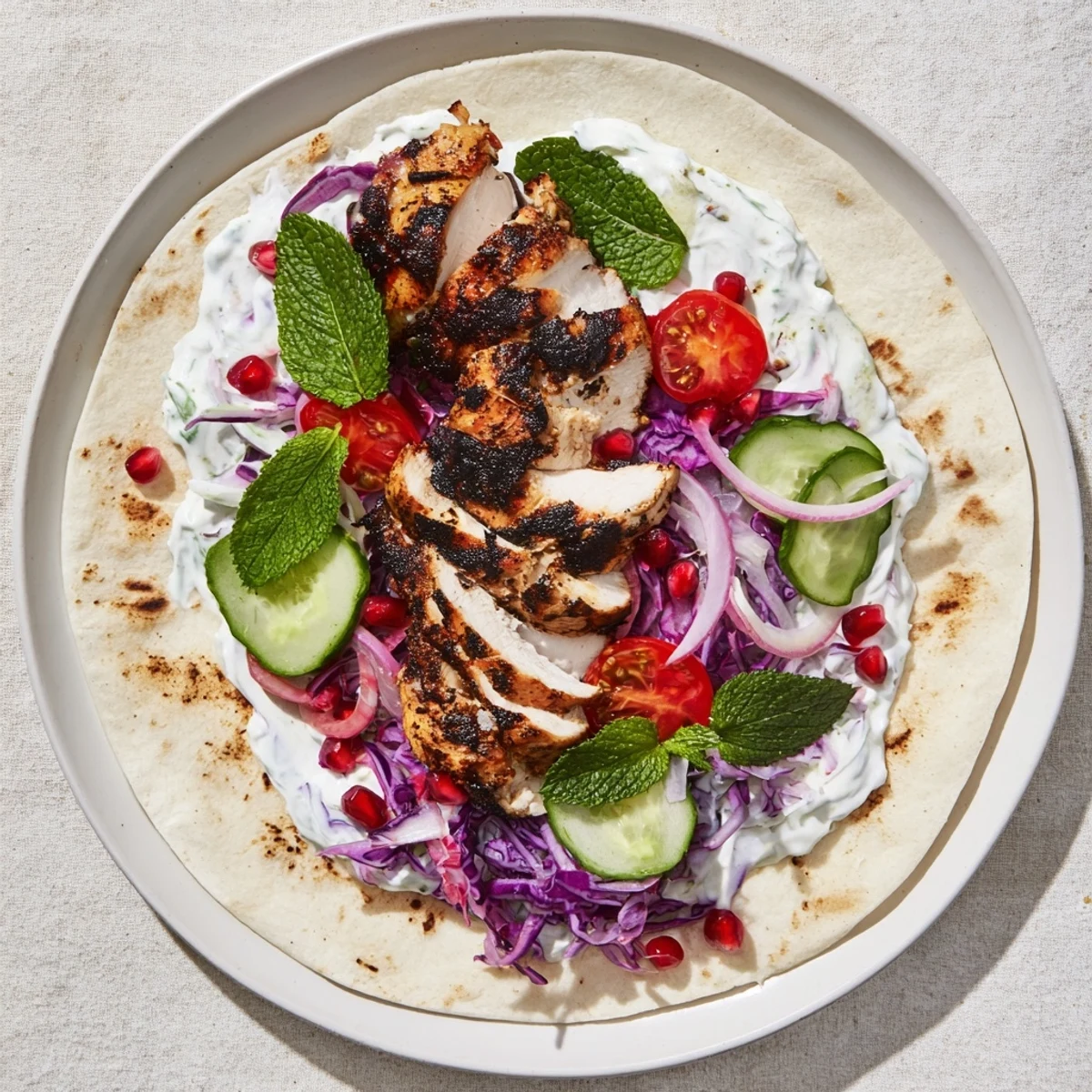 Tender Greek Yogurt Chicken Shawarma Christmas wrap filled with spiced chicken and festive veggies.