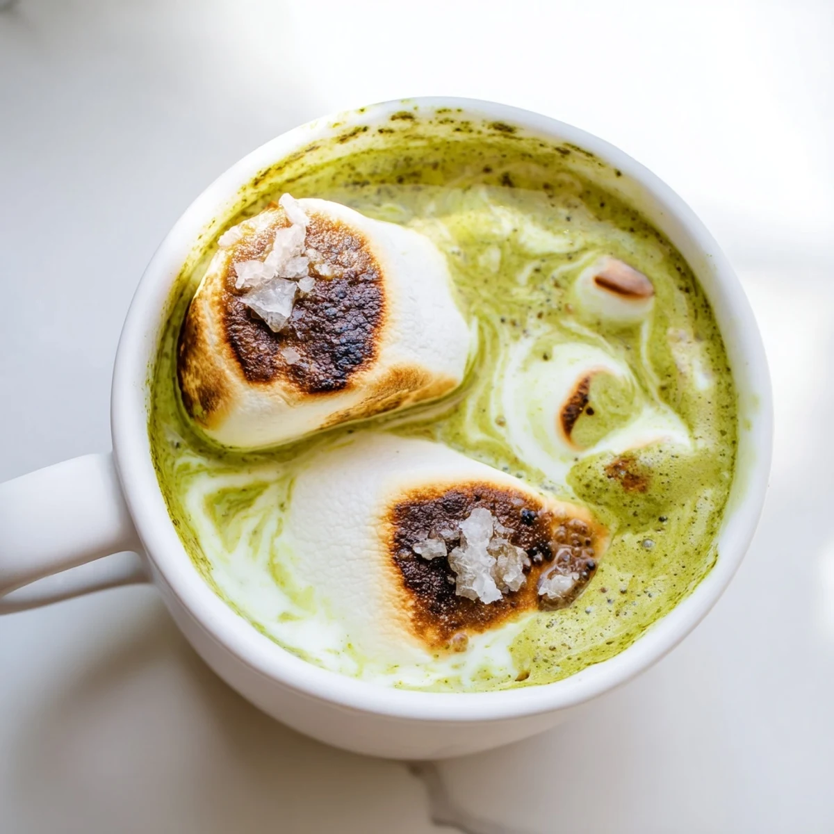 Look at this creamy, vibrant green Toasted Marshmallow Campfire Matcha Hot Cocoa, invitingly garnished with sea salt.