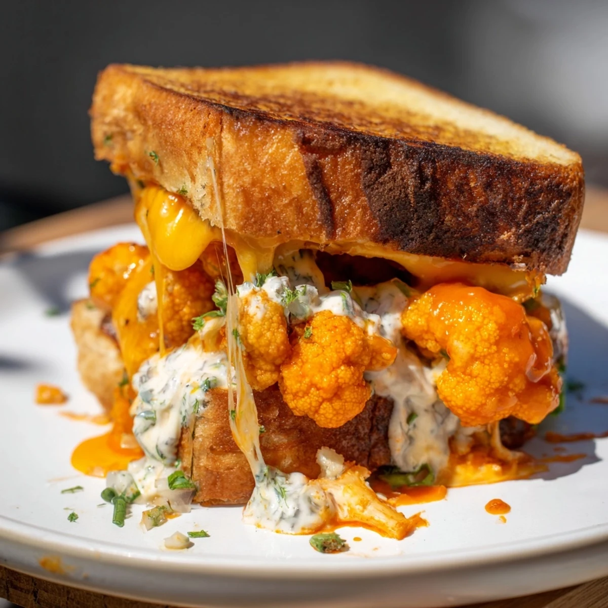 Golden brown Buffalo Cauliflower Ranch Grilled Cheese, a delicious vegetarian comfort food sandwich.