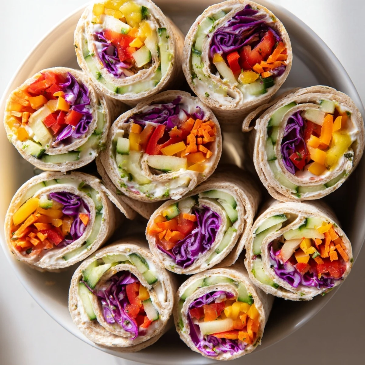Vibrant Rainbow Veggie Christmas Lights Wrap Pinwheels, full of colorful, crisp vegetables.