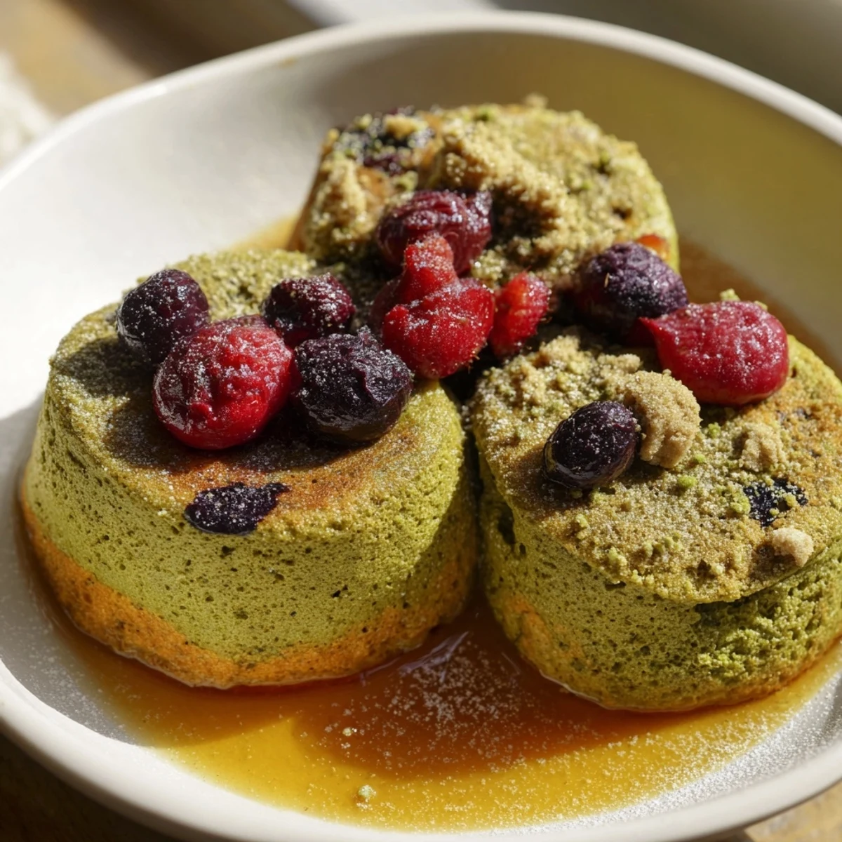 Imagine the soft, cloud-like texture of these warming Egg White Gingerbread Matcha Soufflé Pancakes.