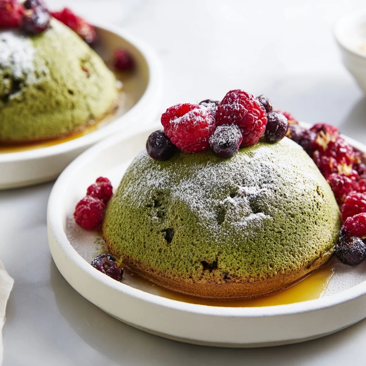 A stack of airy Egg White Gingerbread Matcha Soufflé Pancakes, a delightful brunch with fresh berry toppings.