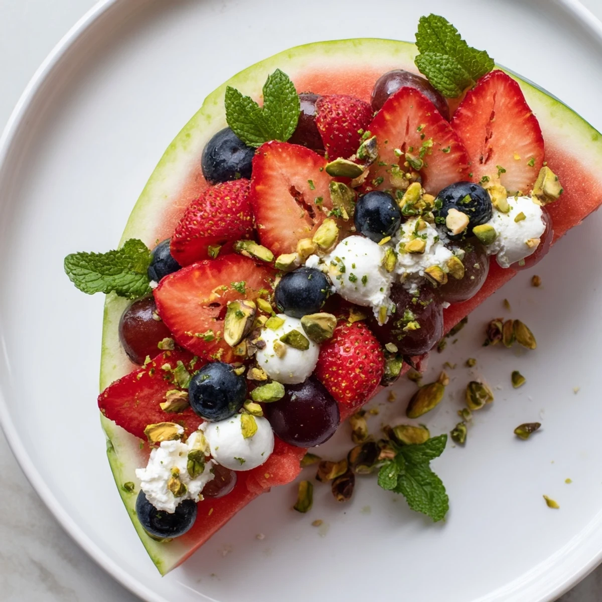 A beautiful Watermelon Slice Charcuterie board with fresh fruit, cheese, and garnishes, ready to enjoy.