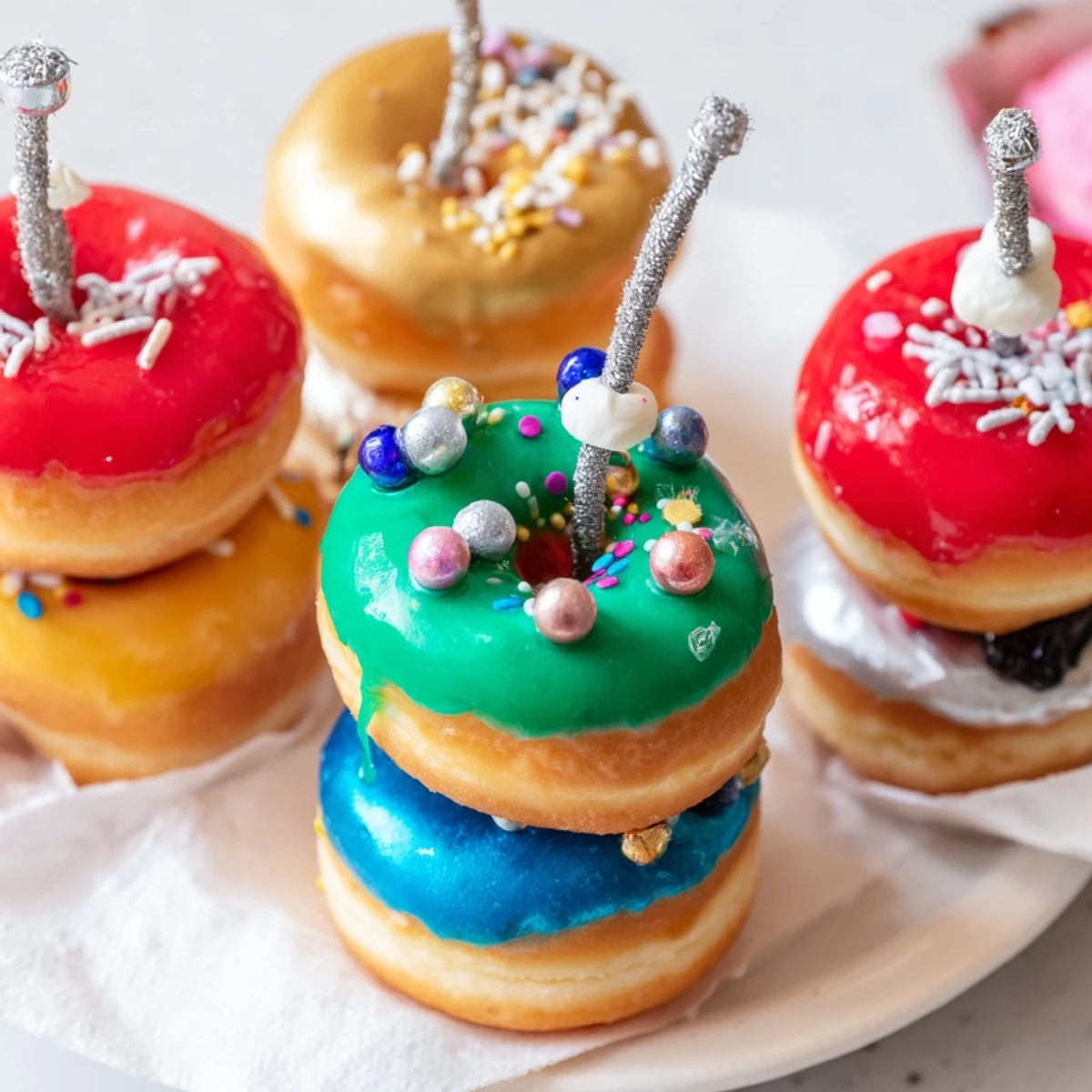Tasteful Donut Stack Christmas Ornament Tower: glazed donuts with sparkling sprinkles, a delicious holiday dessert.