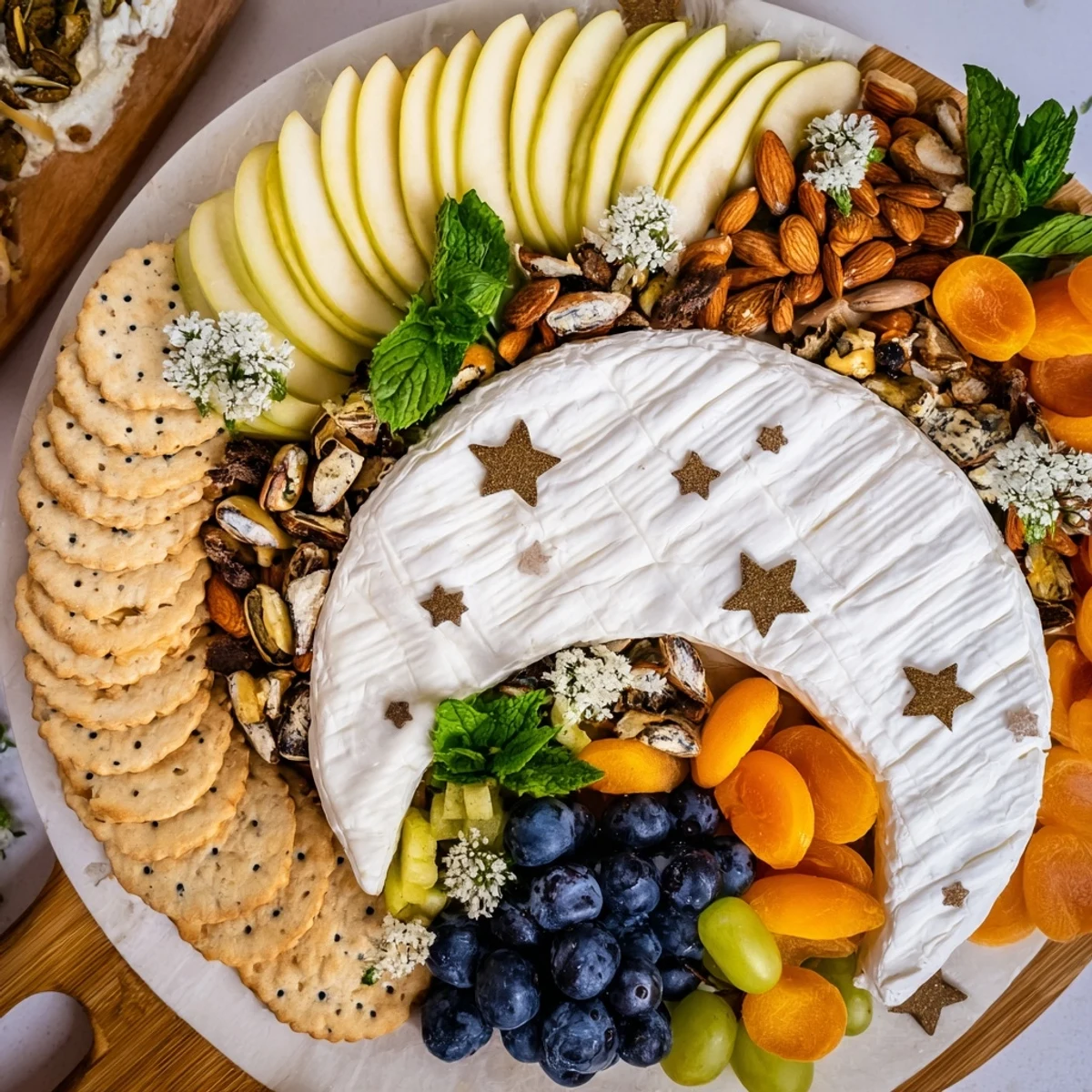 A beautifully arranged Crescent Moon Midnight Snack Board overflowing with fruits, cheeses, and crackers.