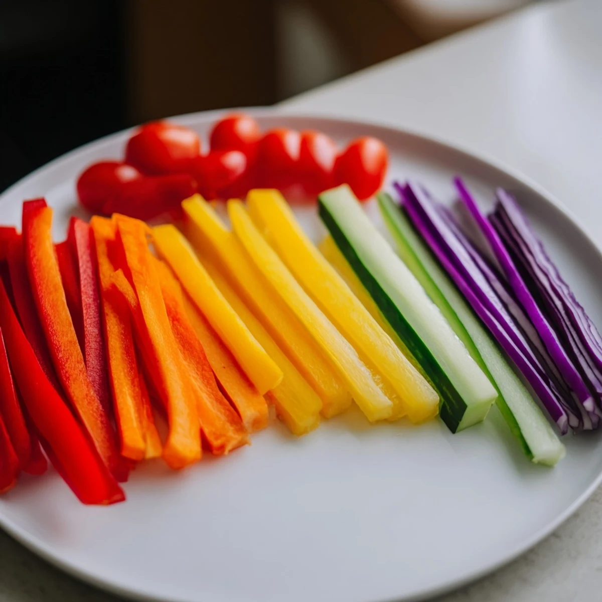 Rainbow Arch Bright Veggie Sticks, a colorful array of crunchy, fresh vegetables ready to dip and enjoy.