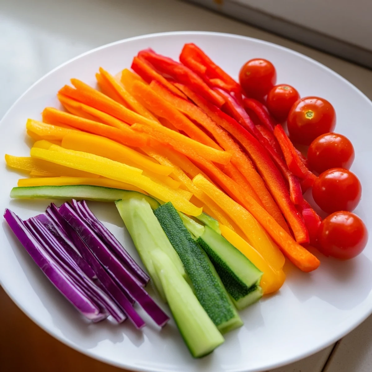 Crisp, colorful Rainbow Arch Bright Veggie Sticks, a visually appealing and delicious snack for any occasion.