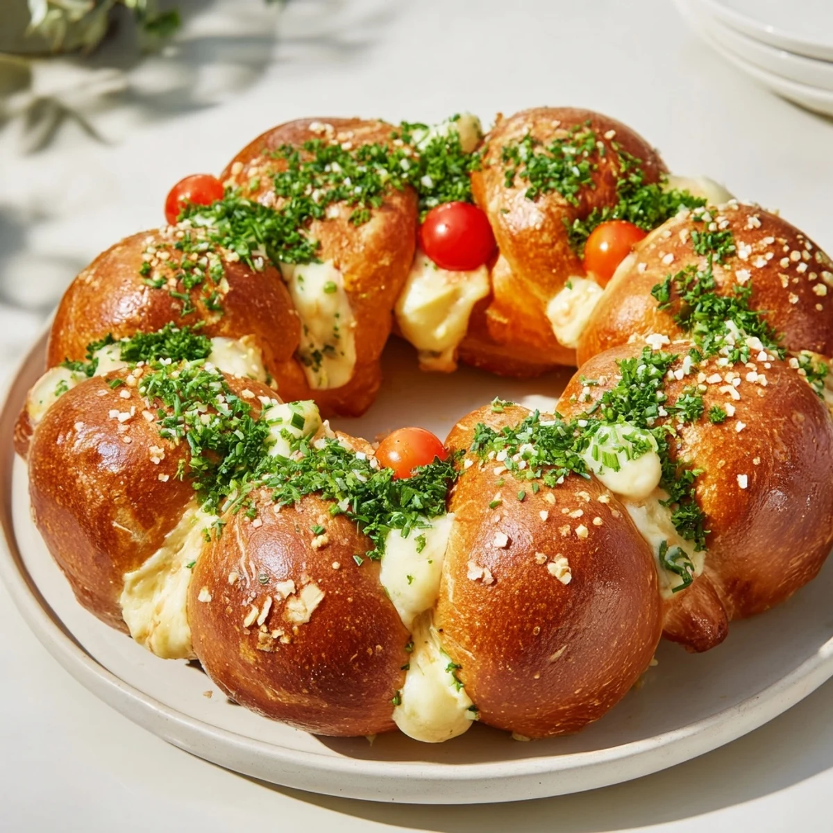 Golden-brown Pretzel Joy Wreath, a pull-apart appetizer with melted cheese and fresh parsley.