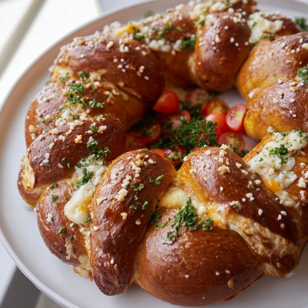 Warm, inviting shot: a close-up of the delicious pretzel circles in a Pretzel Joy Wreath.