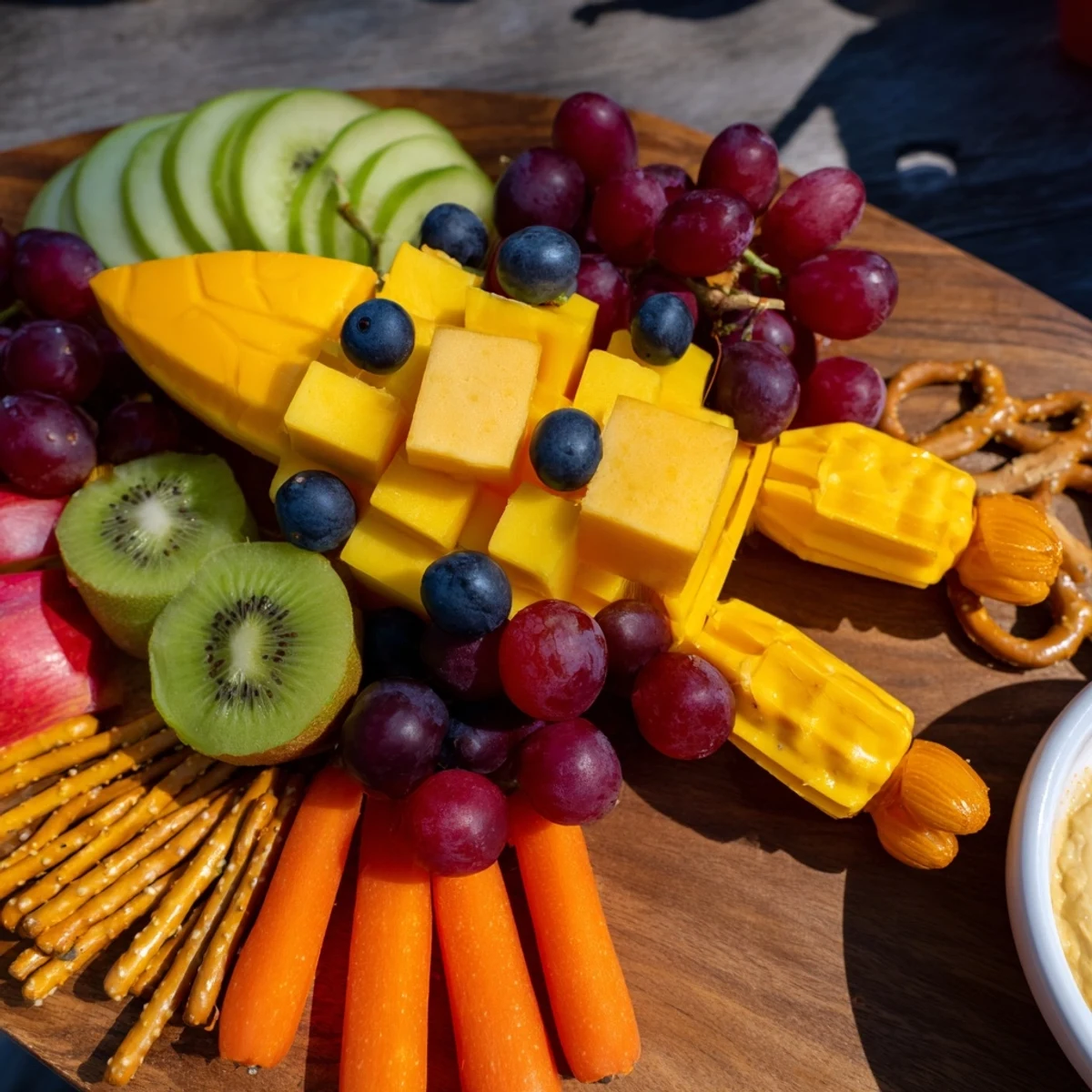 A whimsical Spaceship Launch Snack Board, filled with colorful fruits and cheese arranged creatively.