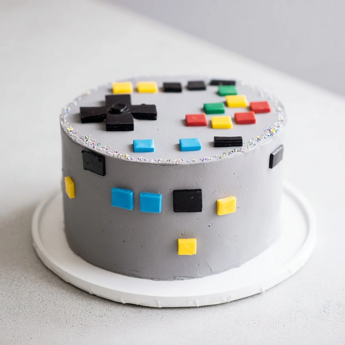 Vibrant pixelated Pixel Video Game Controller Cake, a fun dessert decorated with colorful fondant squares.
