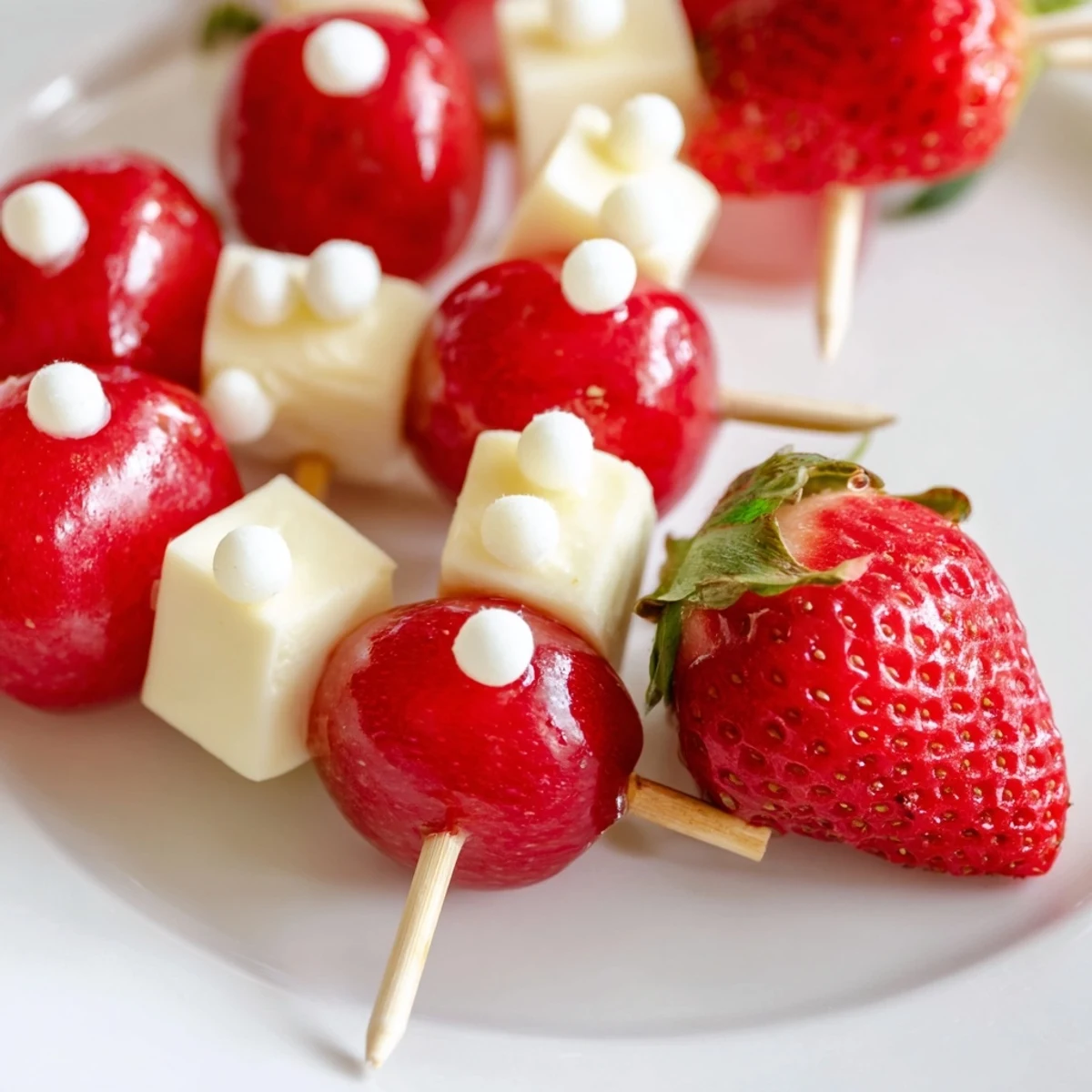 A vibrant Santa Hat Fruit and Cheese Platter with red strawberries, white cheese, and green grapes.