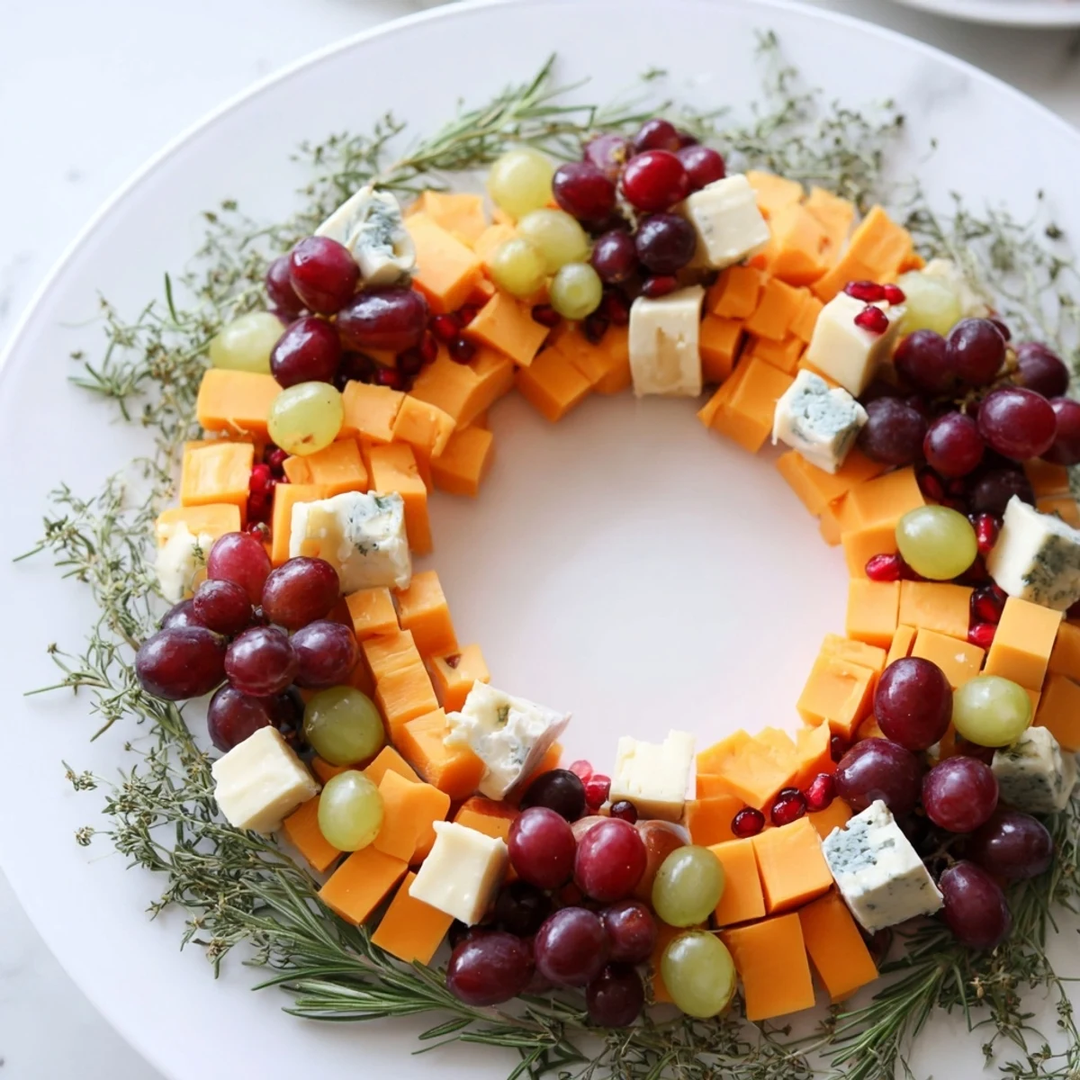 Festive Holiday Wreath Cheese Ring featuring creamy cheeses, grapes, and a rosemary garnish for guests.