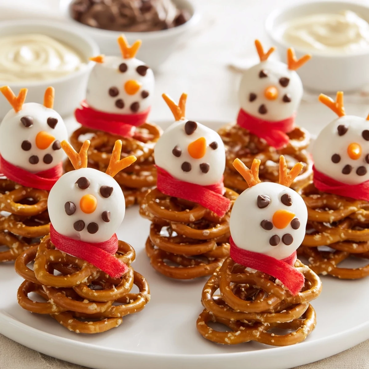 Festive snowman pretzels arranged on a platter with colorful garnishes and creamy dips for dipping.