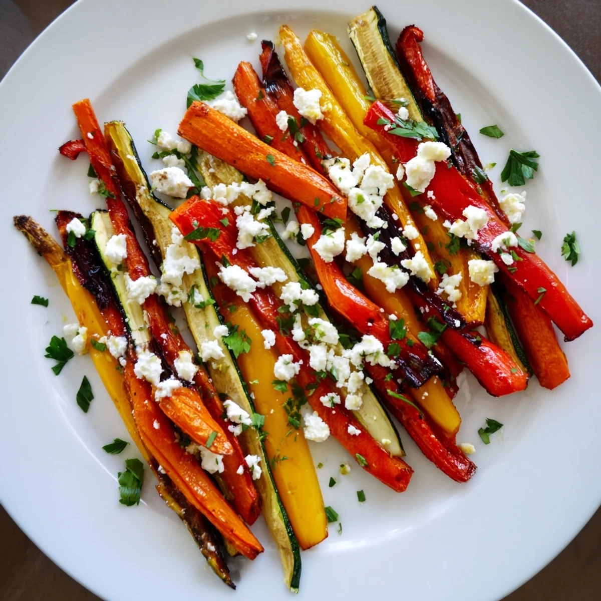 Close-up of vibrant Christmas Sleigh Veggie Rails; roasted vegetable "rails" perfect for dipping, festive & delicious.