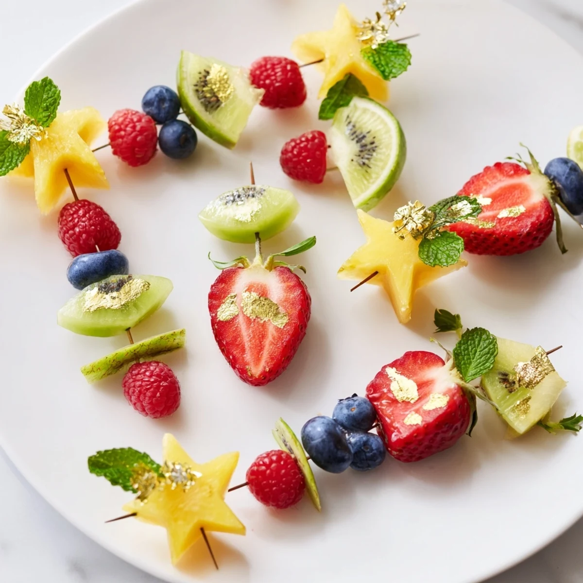 Elegant Champagne Flute Fruit Garnishes: Colorful fruit skewers adorn a flute, perfect for New Year's.