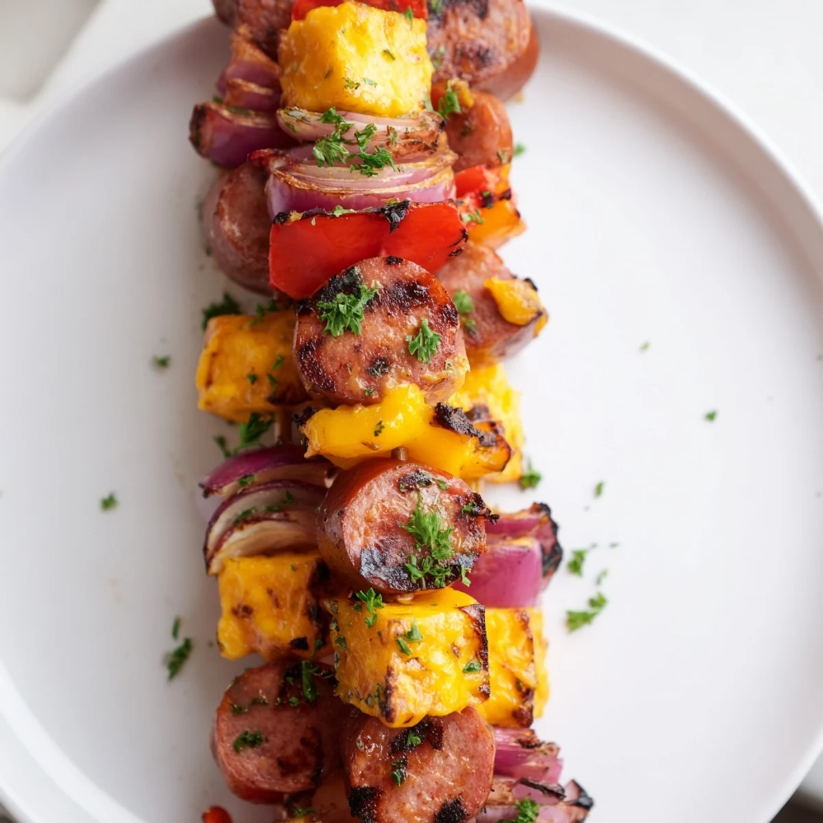 A close-up of delicious Savory Skewers: Chimney Stack Sausage and Cheese, a perfect appetizer for sharing at a cookout.