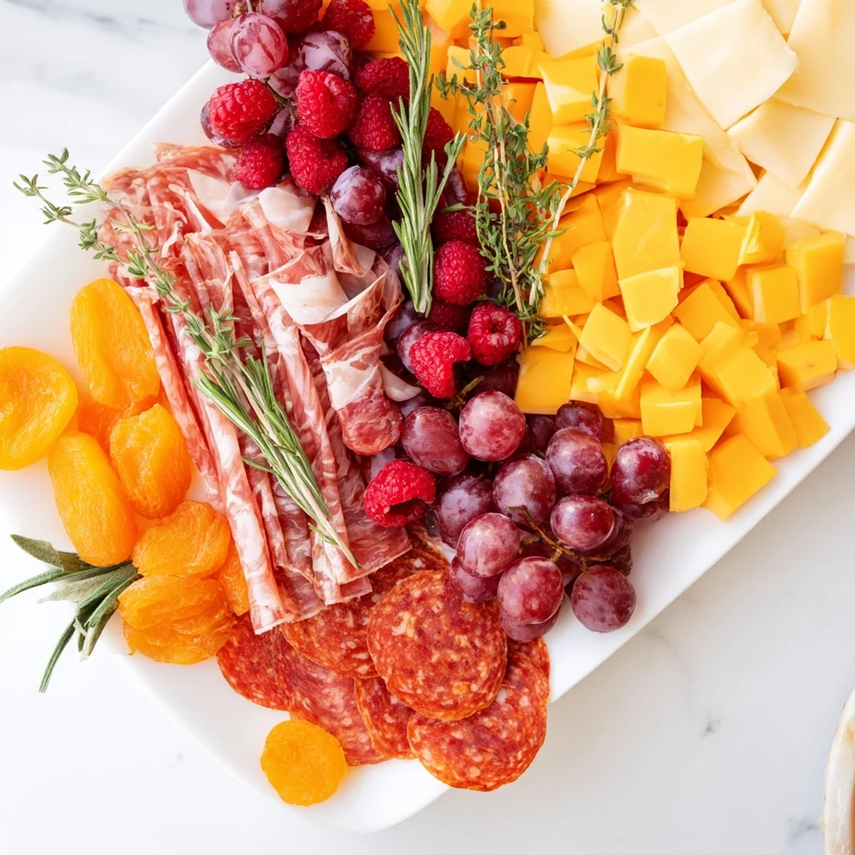 A stunning meat and cheese festive stocking charcuterie board, artistically arranged on a large platter.