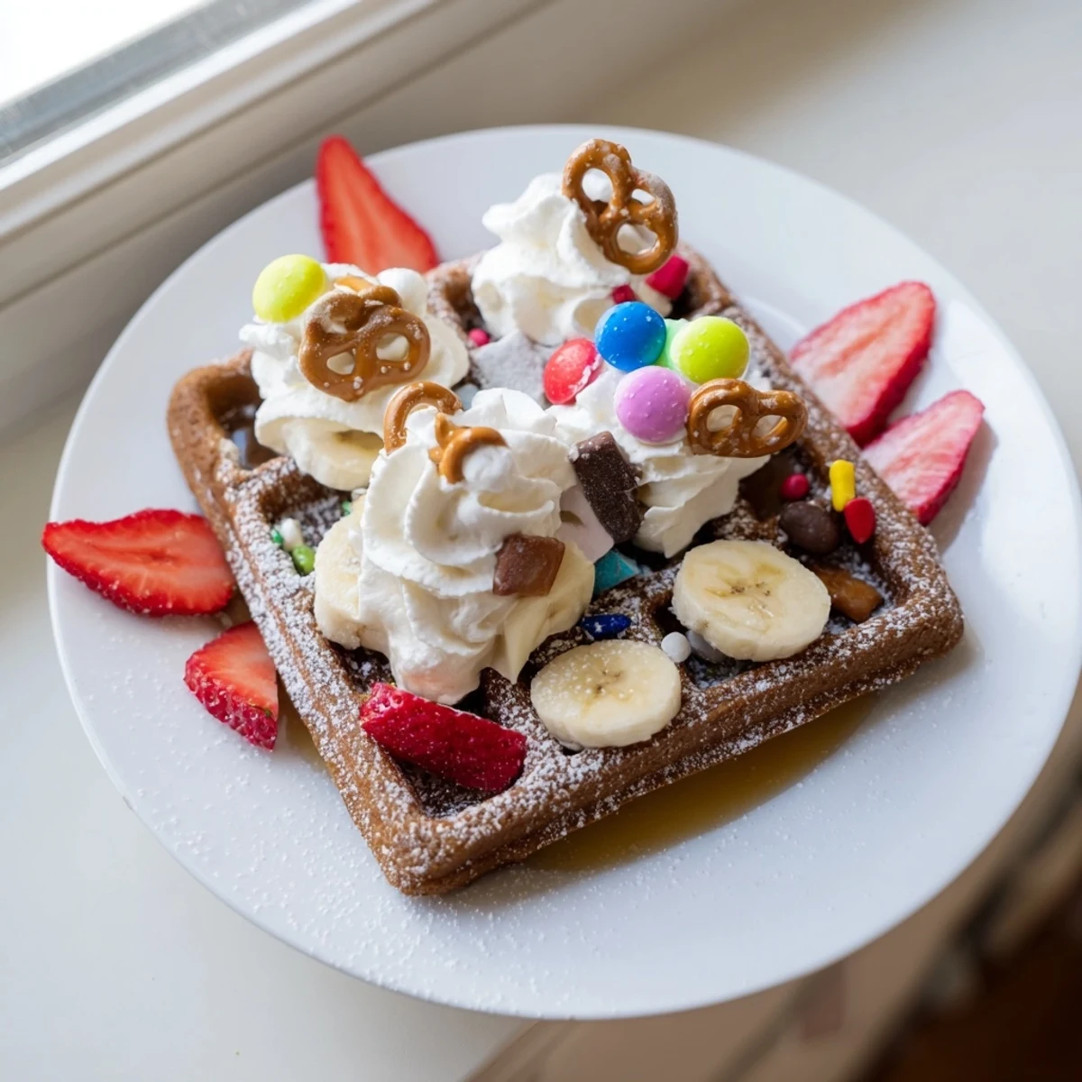 Warm, golden Gingerbread House Waffles sit piled high with colorful holiday toppings for breakfast.