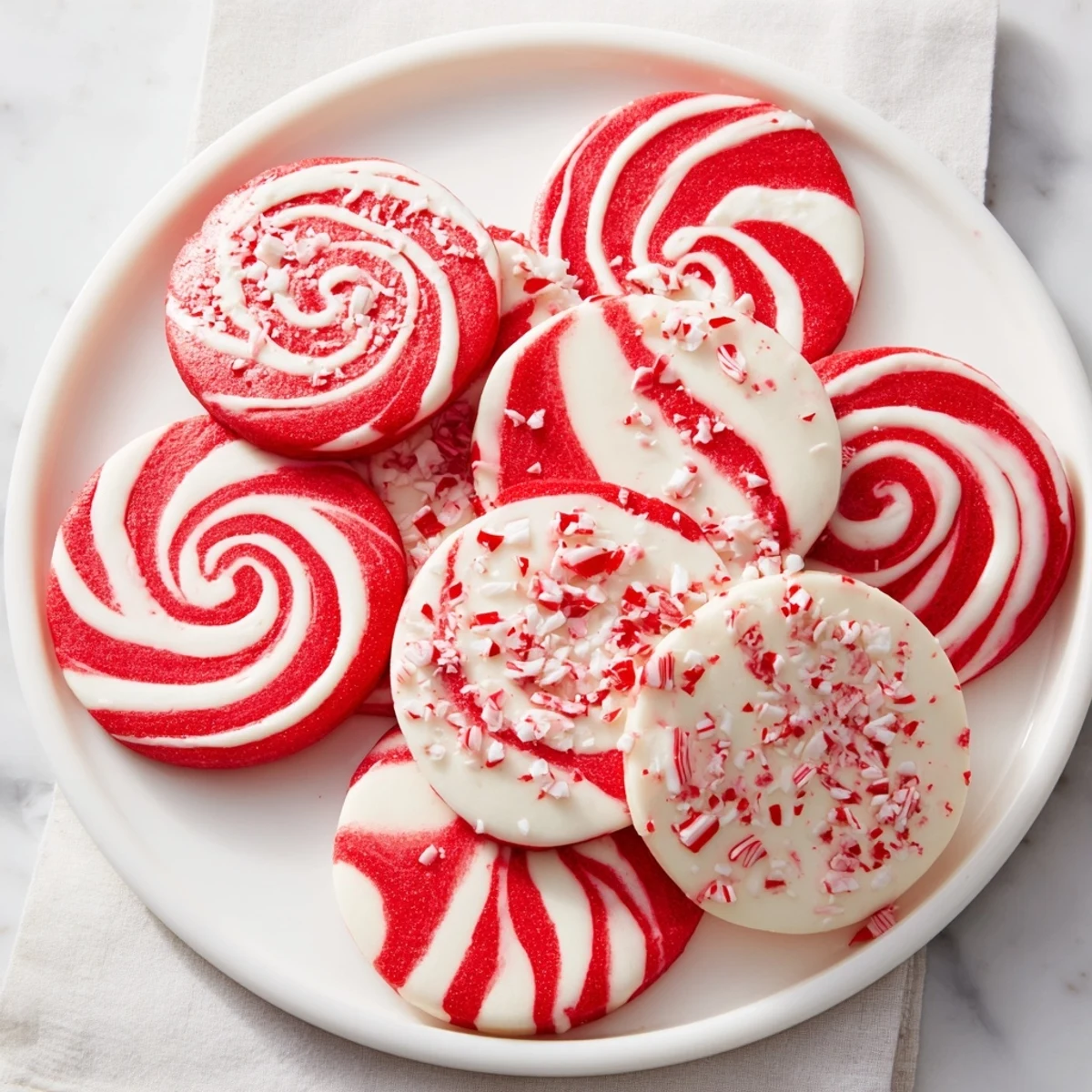 Candy Cane Swirl Cookie Platter: close-up of colorful peppermint cookies ready for a festive holiday celebration.