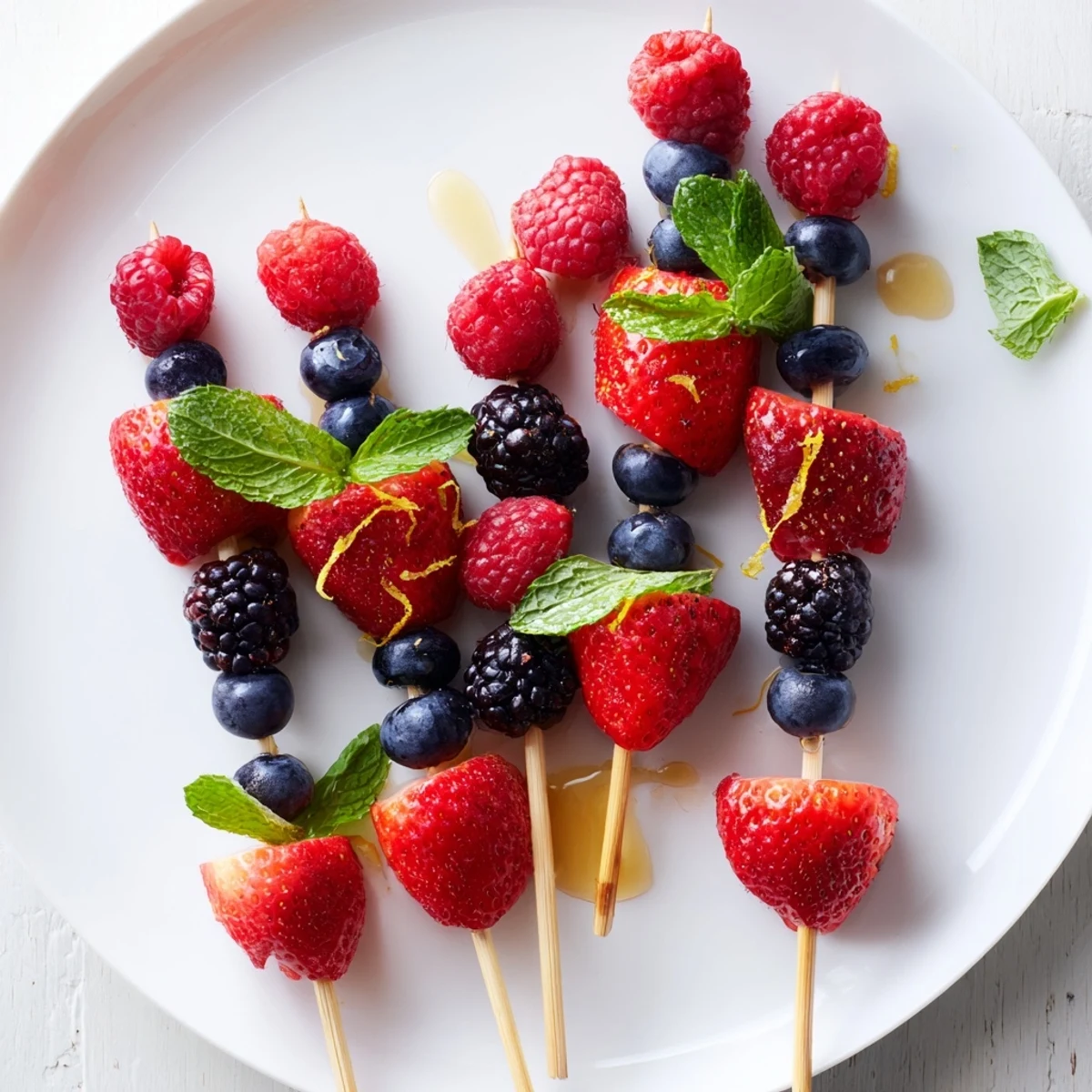 Vibrant fruit skewers showcase juicy, red strawberries, plump blueberries, and refreshing mint with every bite.