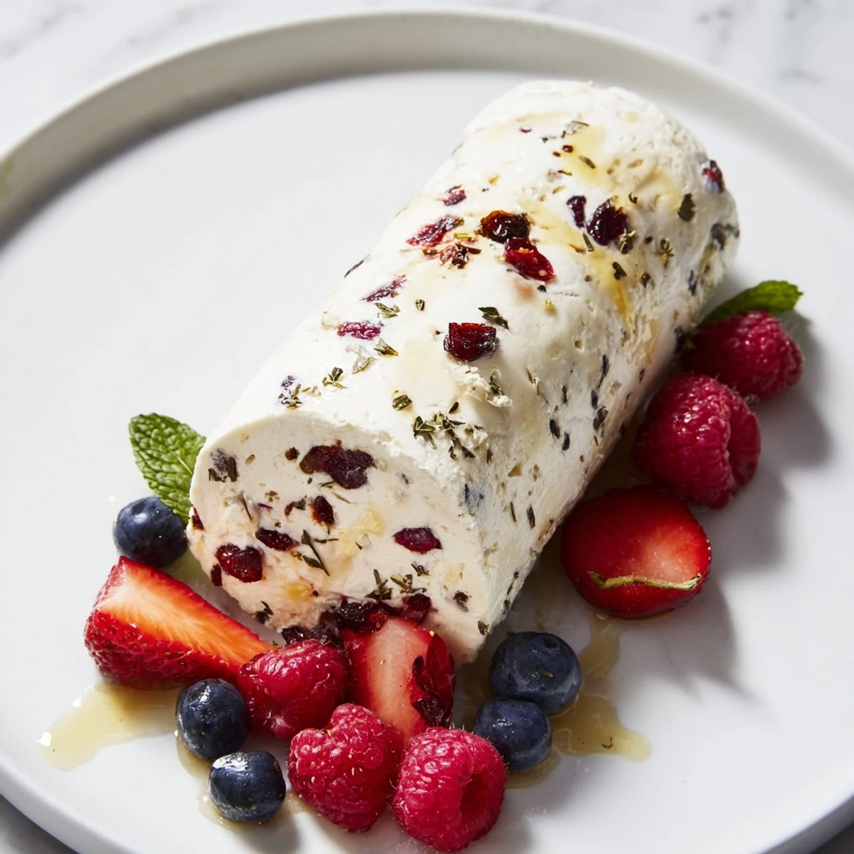 Creamy cranberry & goat cheese log, bursting with red berries, perfect served with crackers for easy entertaining.