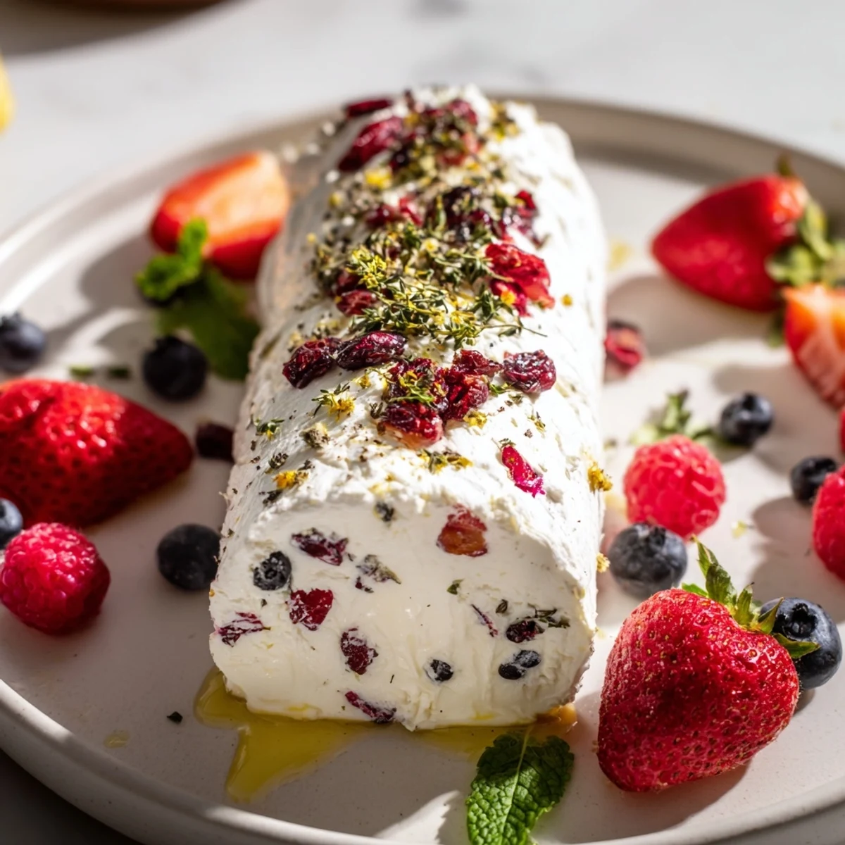 A close-up shot of the vibrant cranberry & goat cheese log, ready to be spread on crackers for a simple appetizer.