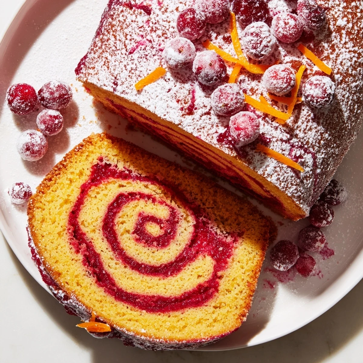 A close-up of a Cranberry Orange Swirl cake, swirled and baked to golden perfection.