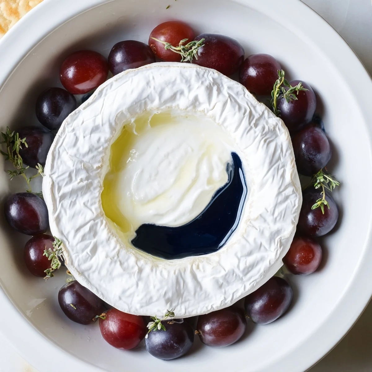 A creamy, soft cheese wheel "Floating Island" atop azure yogurt, garnished with dark grapes.