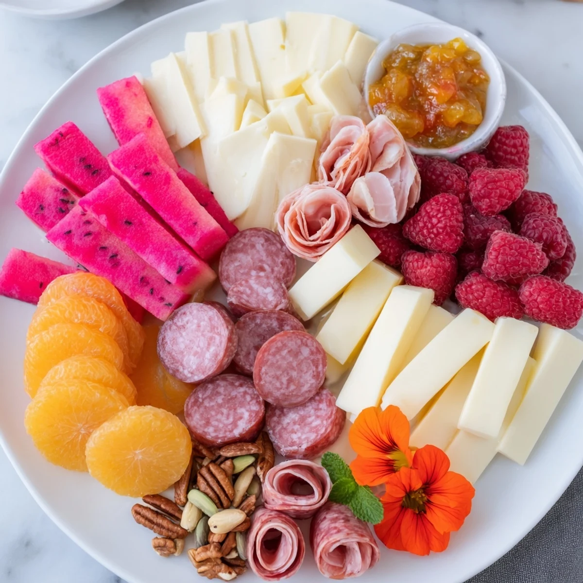 A colorful Flamingo Paradise Board, filled with fresh fruit, cheeses and meats, ready for snacking.