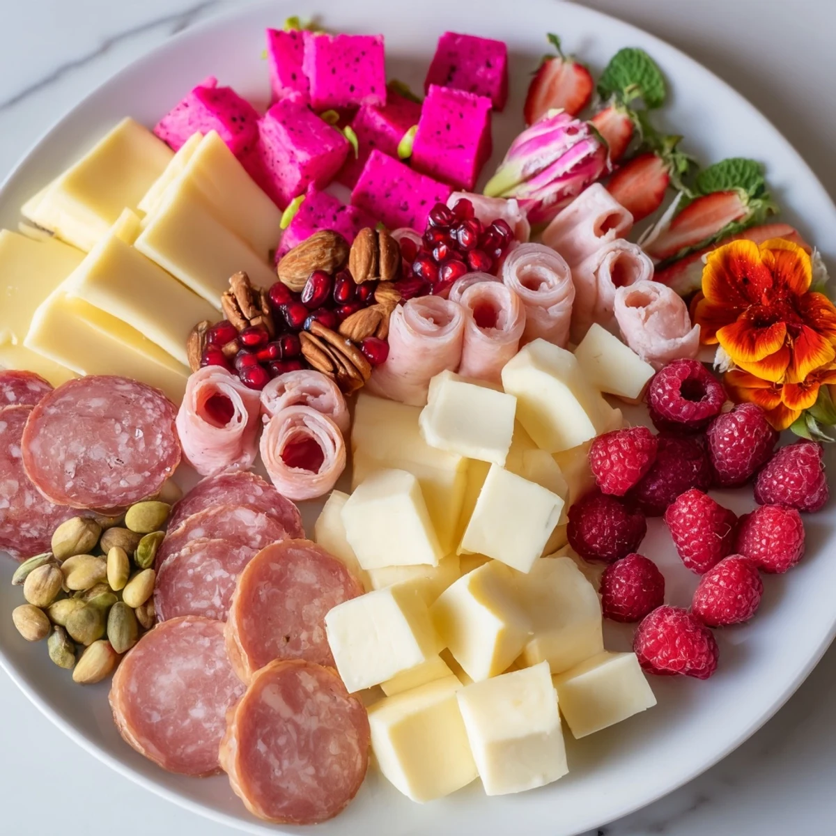 Vibrant Flamingo Paradise Board with pink dragon fruit, cheese, and salami creates eye-catching appetizer display.