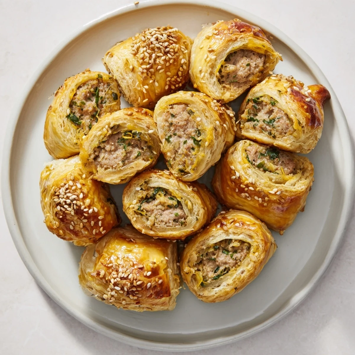 Golden brown mini sausage roll half-circle wreath, perfect for a savory appetizer buffet.