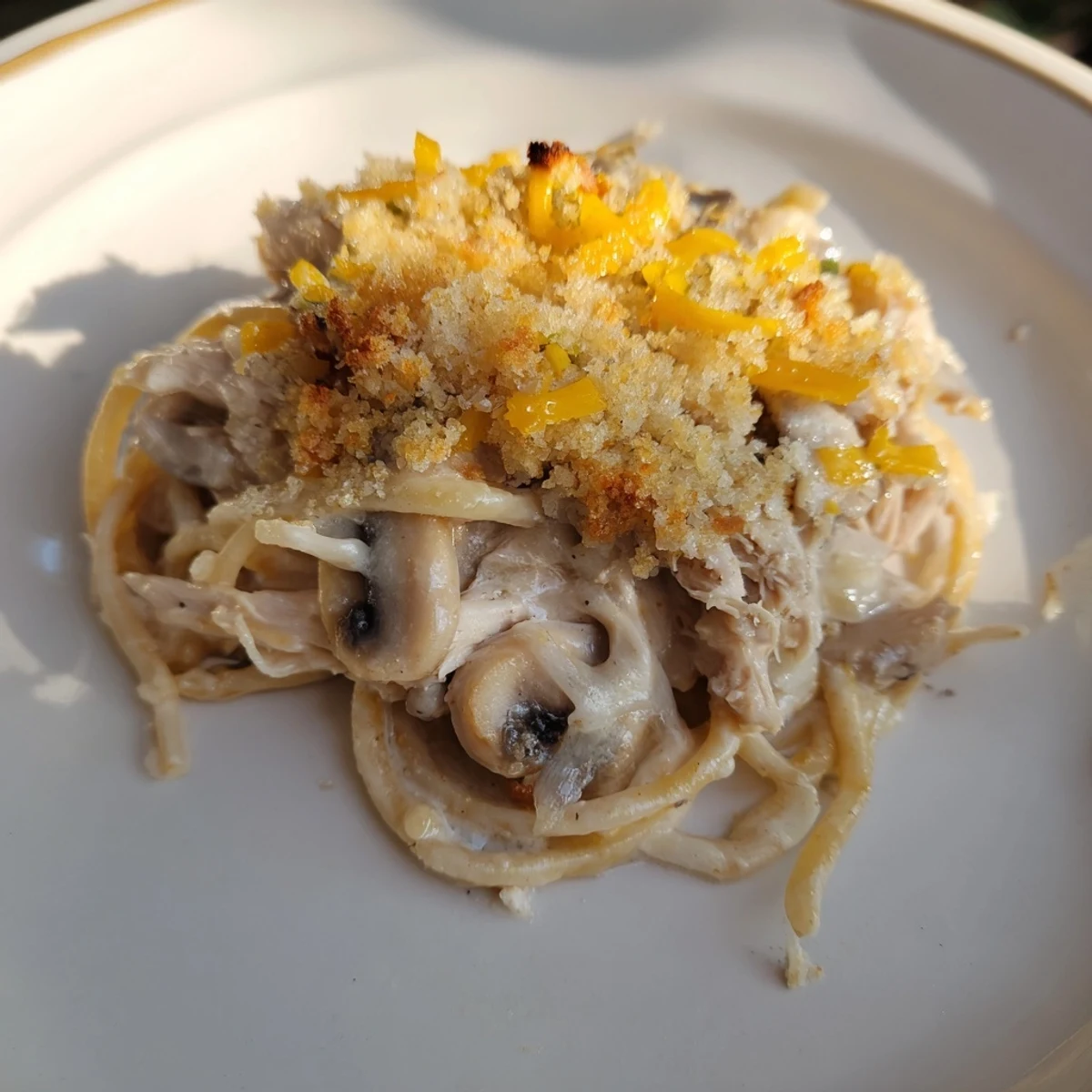 Imagine the aroma: a baked Turkey Tetrazzini filled with turkey, mushrooms, and a rich, white wine sauce.