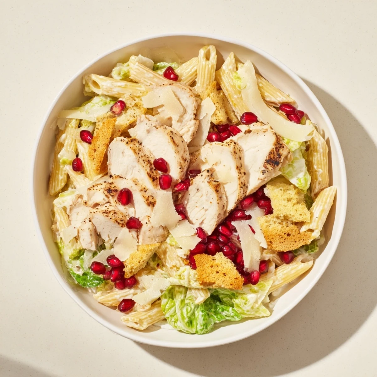 Creamy Chicken Caesar Pasta with pomegranate is brightly colored and bursting with fresh, inviting ingredients.
