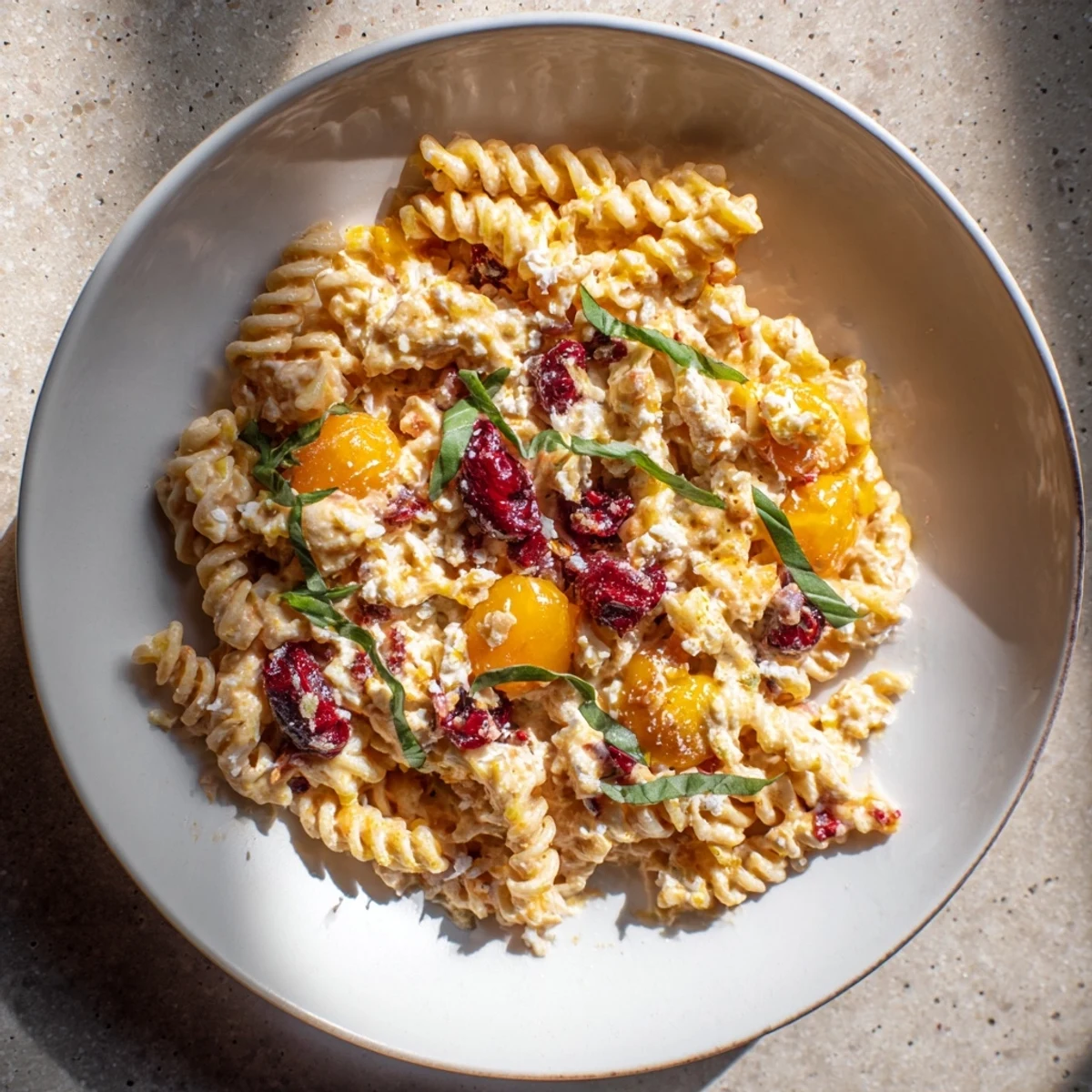 Creamy Baked Feta Pasta with Cranberries, bubbling hot from the oven, ready to serve and enjoy.