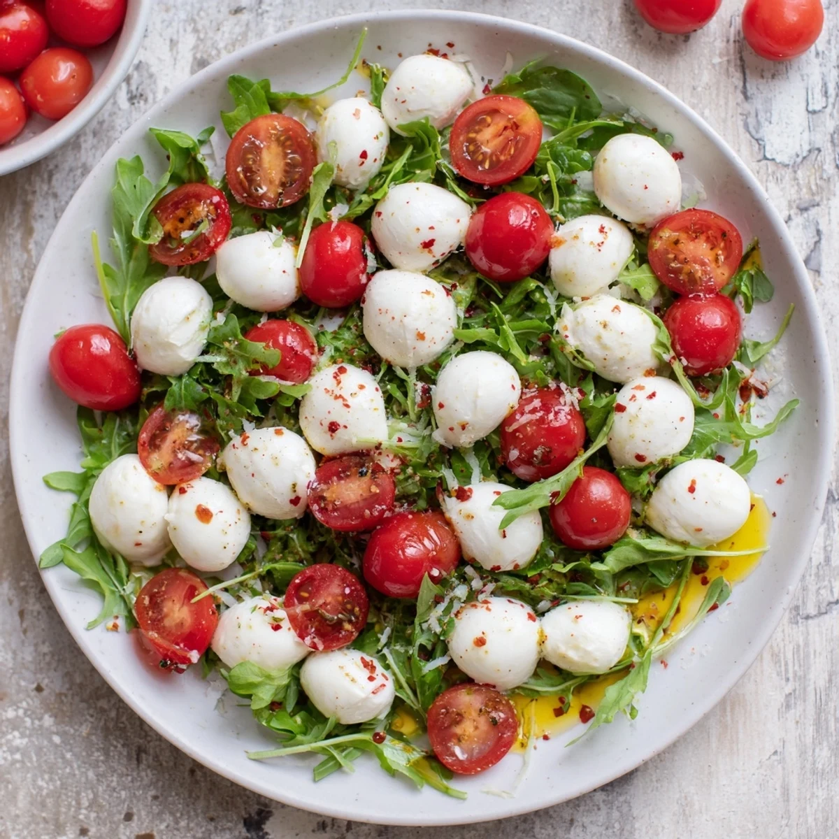 Elegant Pearly Strand salad: mozzarella pearls artfully draped over fresh tomatoes and basil.