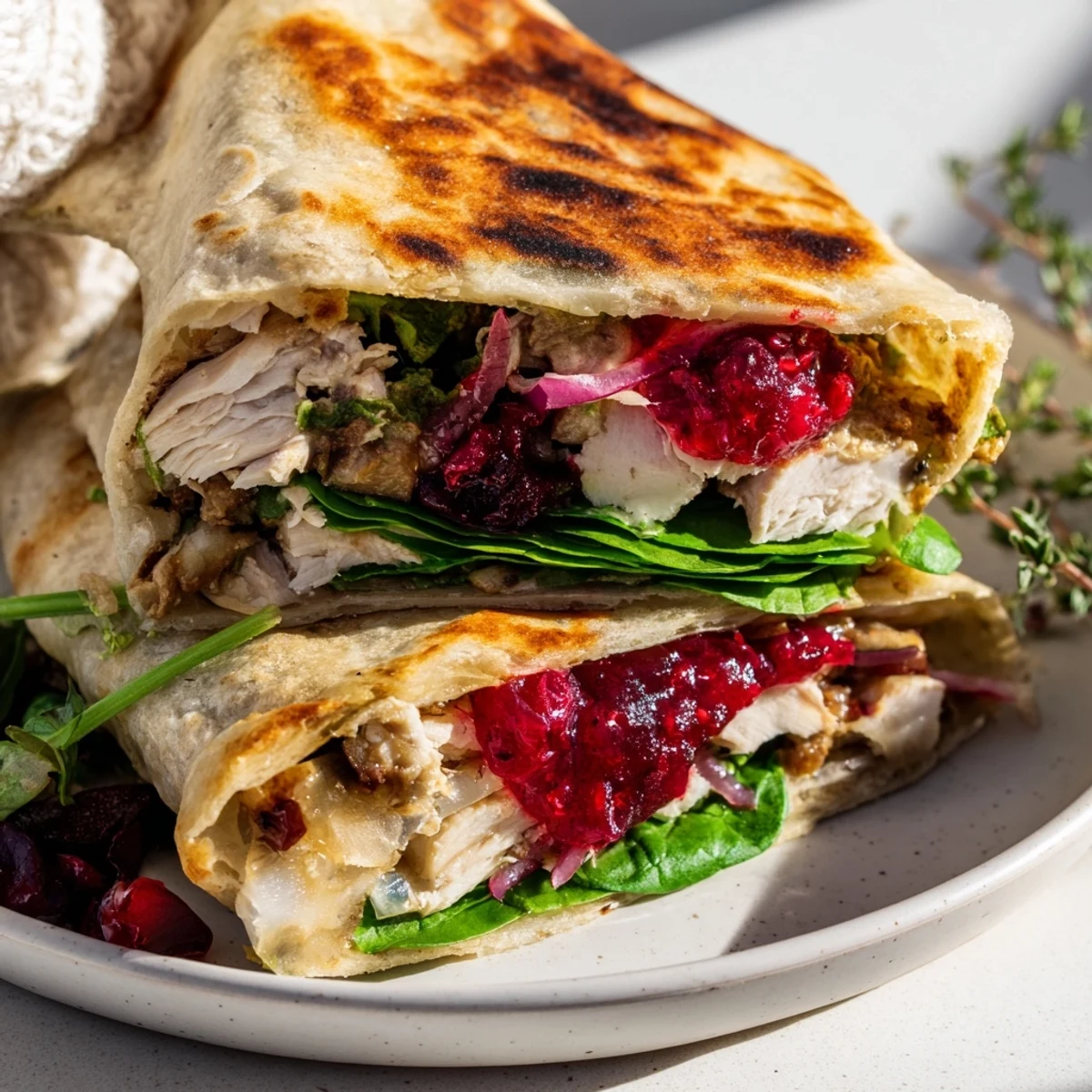 Chicken and Brie Holiday Wrap image: a warm, melty wrap filled with chicken, brie, and cranberry sauce, perfect for a festive lunch.