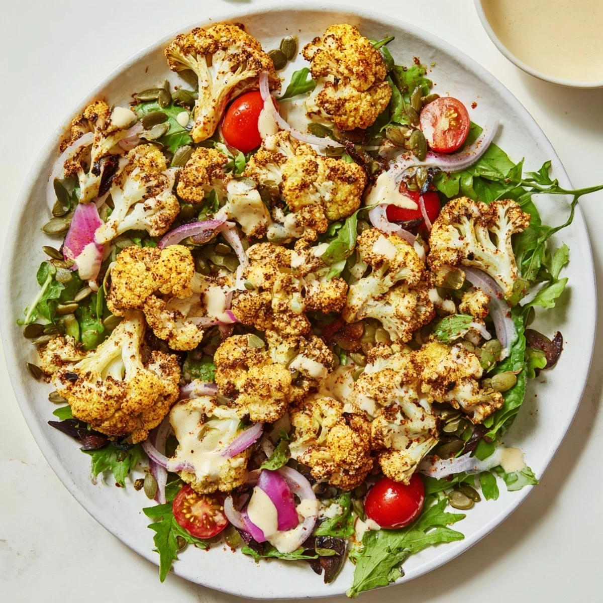 A colorful view of Crispy Cauliflower Salad, perfectly seasoned and tossed with tomatoes and red onion.