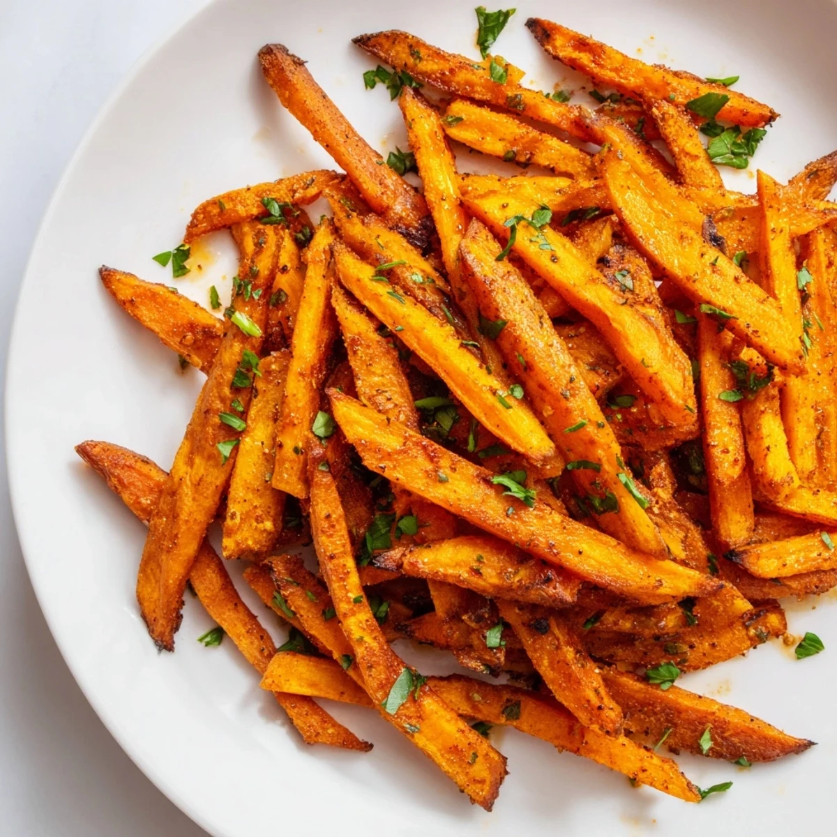 A serving of freshly made Cajun Spiced Sweet Potato Fries, garnished with parsley for a flavorful side.