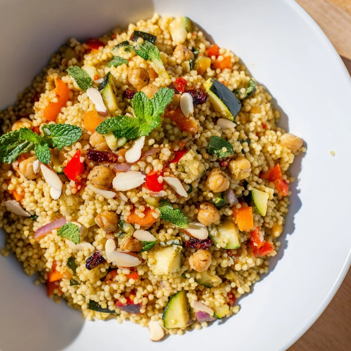 Fresh Moroccan couscous salad featuring chickpeas, raisins, and toasted almonds, ready to serve and enjoy.