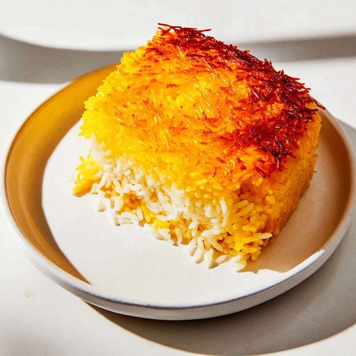 A close-up of a perfectly formed Persian Tahdig rice, showcasing a crunchy, caramelized crust and tender rice.