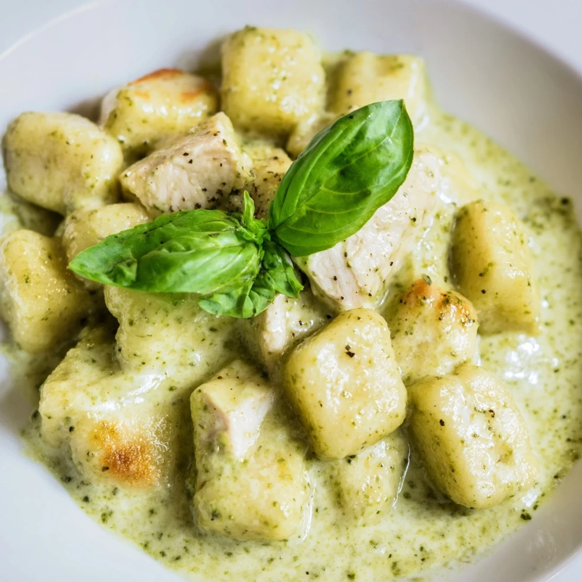 A close-up of Creamy Pesto Gnocchi with Chicken highlights glossy green pesto sauce clinging to tender dumplings and seared chicken pieces.  