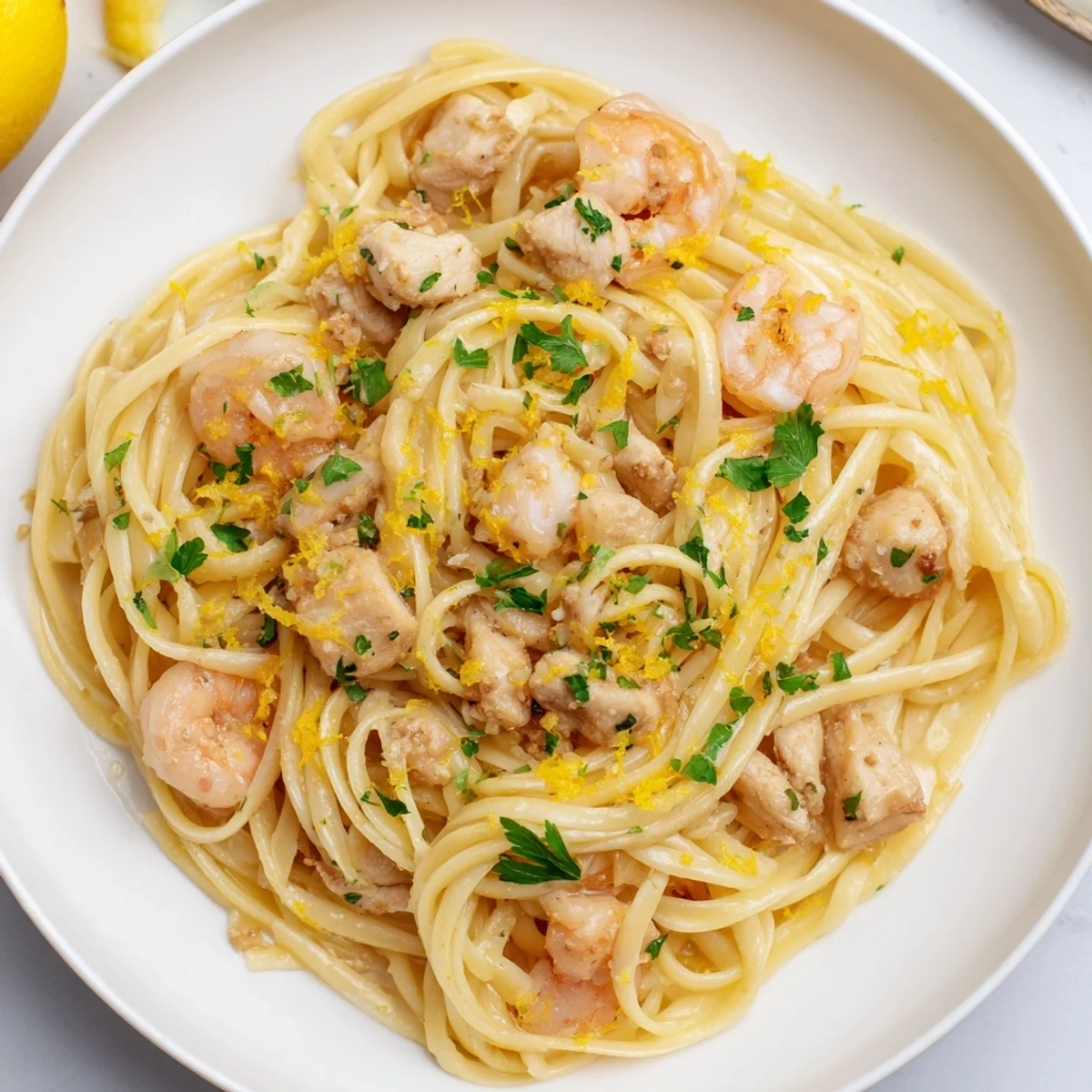 A skillet of sizzling Lemon Garlic Shrimp & Chicken Pasta ready to serve, garnished with lemon wedges.