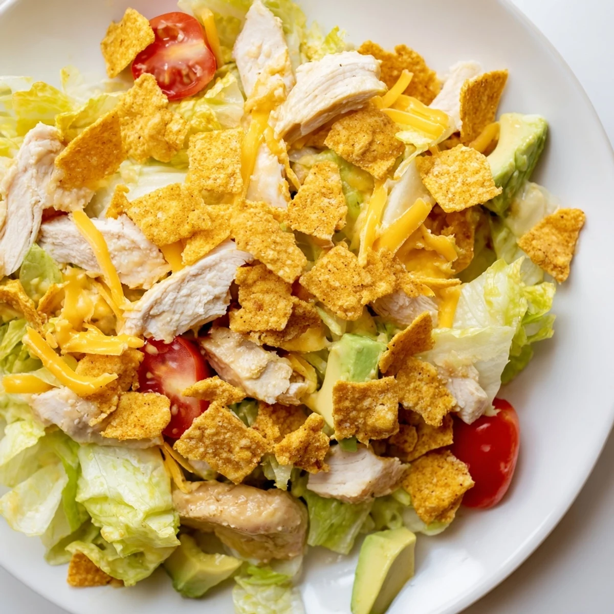 Crunchy taco chicken salad in a white bowl, topped with shredded cheddar, sliced green onions, and colorful crushed taco shell pieces.  