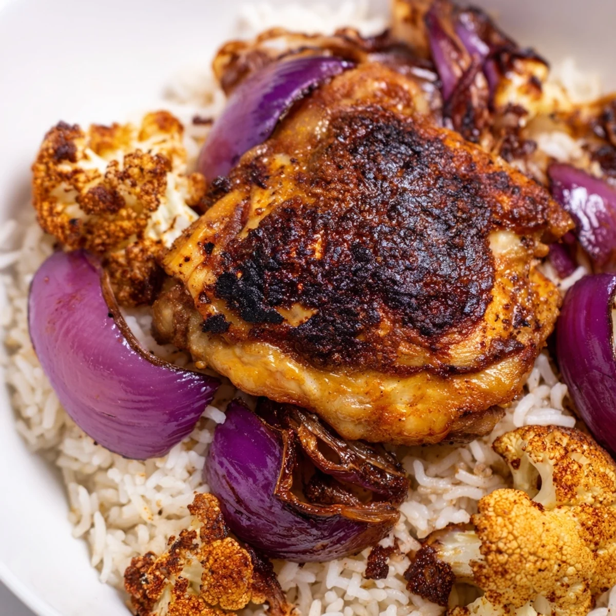 One-pan dinner featuring smoky cumin-spiced chicken and caramelized cauliflower florets, ready to serve with steamed rice and a squeeze of lemon.