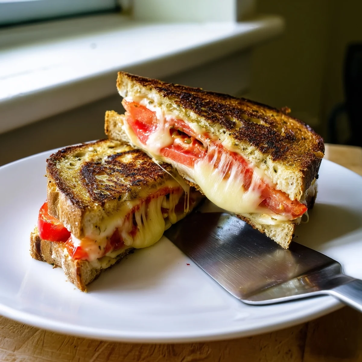 Sizzling Pepper Jack & Tomato Grilled Cheese in a skillet, showcasing bubbly melted cheese and vibrant red tomato layers.