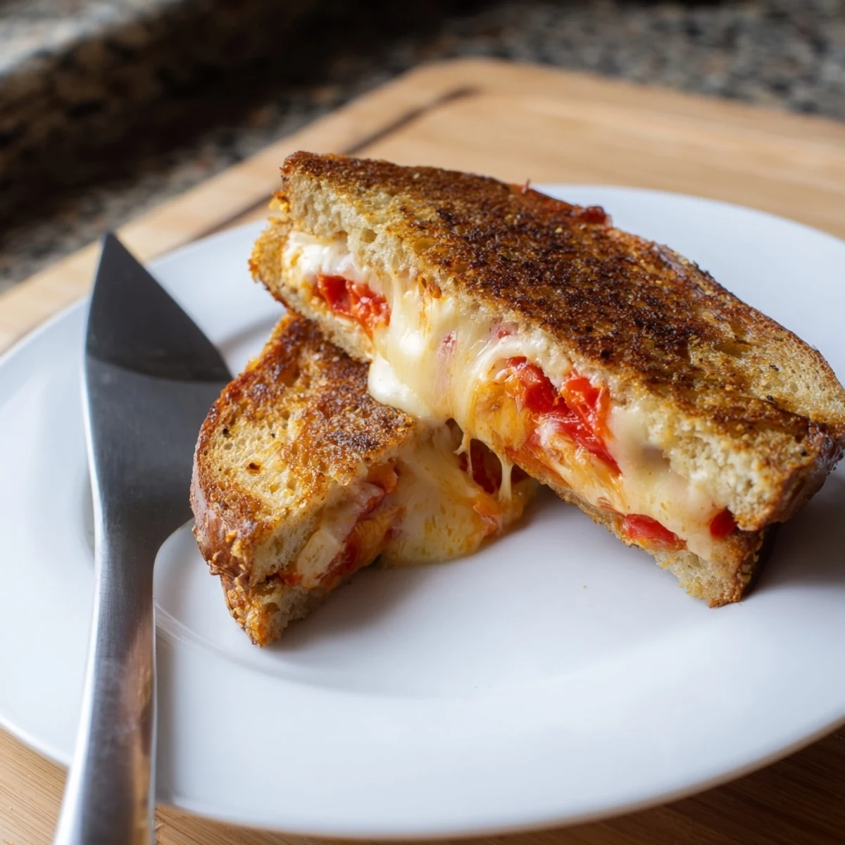 Two halves of a Pepper Jack & Tomato Grilled Cheese stacked on a plate, with fresh tomato slices and a drizzle of buttery glaze.