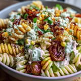 Creamy Elote Pasta Salad with Cotija cheese, chili, and lime, garnished with Tajín and lime wedges for a zesty, Mexican-inspired side dish.