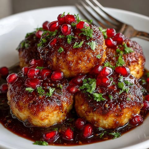 Pomegranate glazed turkey meatballs served on a platter, glistening with tangy glaze and fresh herbs.