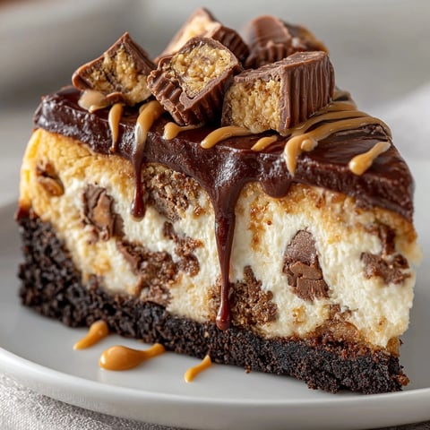 Peanut Butter Cup Cheesecake with creamy peanut butter filling and chocolate ganache topping, garnished beautifully.